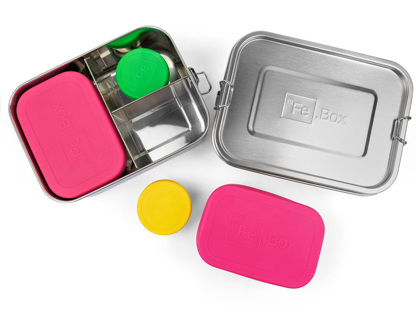 Fe.Box pink school bundle, contains 2 lunch boxes, 2 pink snack boxes and 2 dip containers